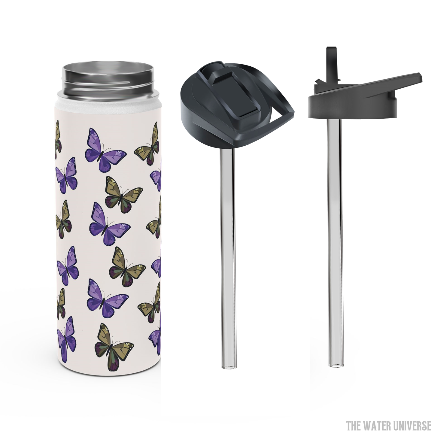 24-HOUR STRAW DOUBLE WALL INSULATION WATER BOTTLE 18oz - BUTTERFLIES GARDEN