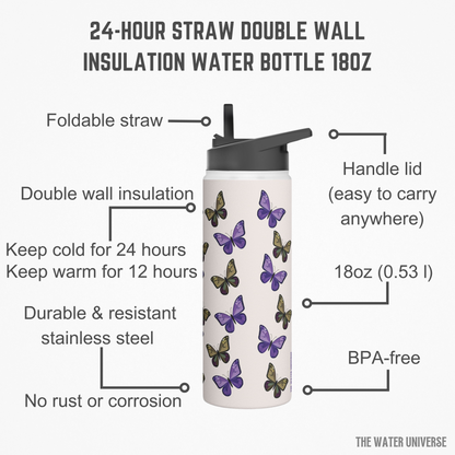 24-HOUR STRAW DOUBLE WALL INSULATION WATER BOTTLE 18oz - BUTTERFLIES GARDEN