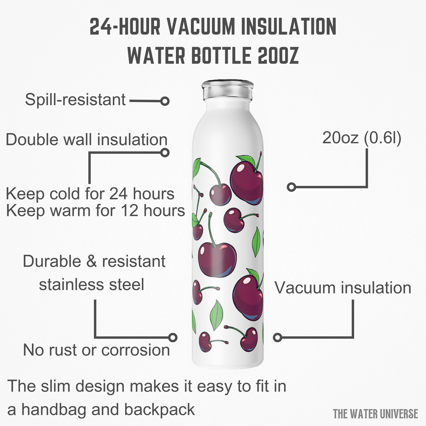 24-HOUR VACUUM INSULATION WATER BOTTLE 20oz - JUICY CHERRIES GARDEN