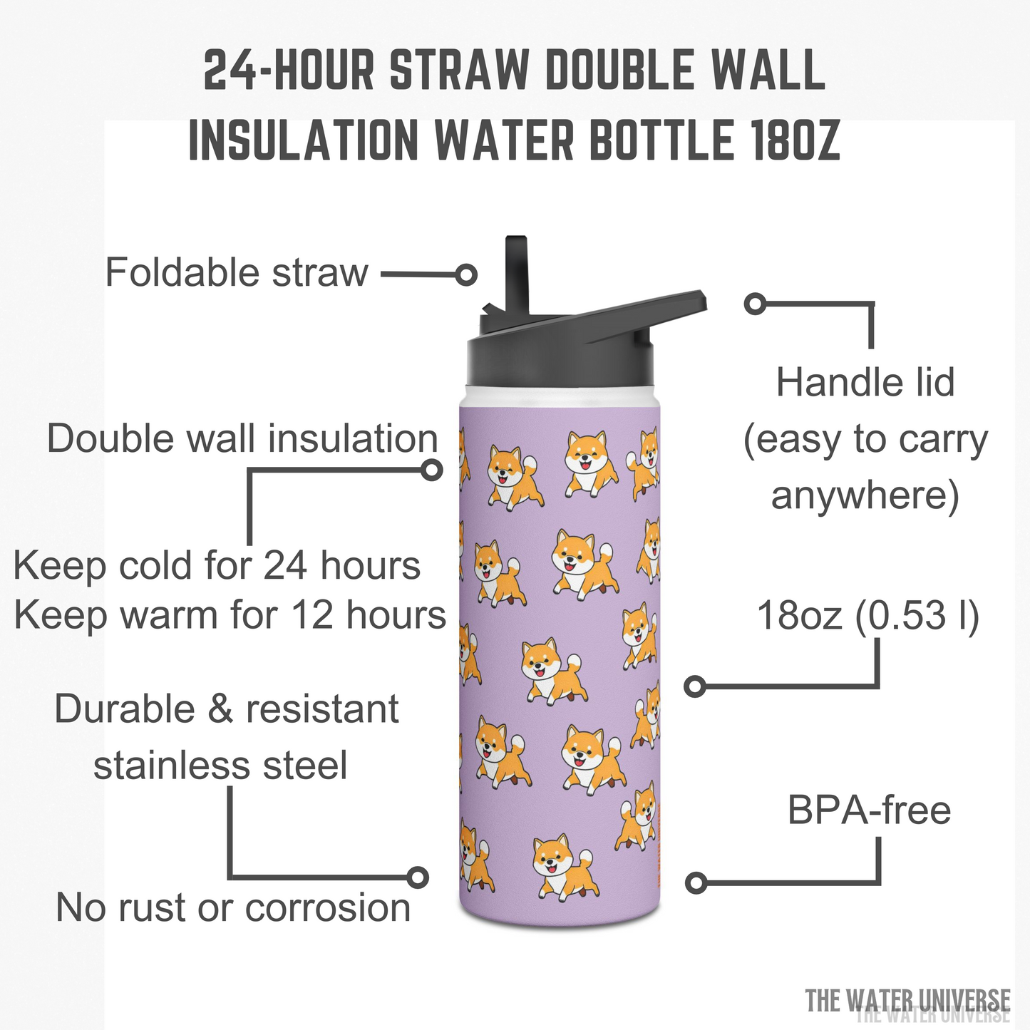 24-HOUR STRAW DOUBLE WALL INSULATION WATER BOTTLE 18oz - DOG VIOLET UNIVERSE