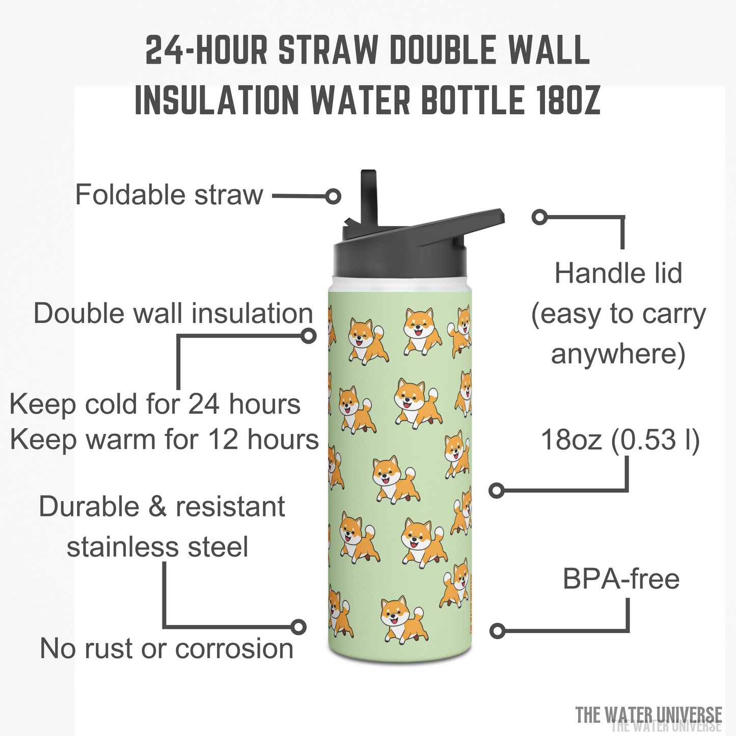 24-HOUR STRAW DOUBLE WALL INSULATION WATER BOTTLE 18oz - DOGS GREEN UNIVERSE