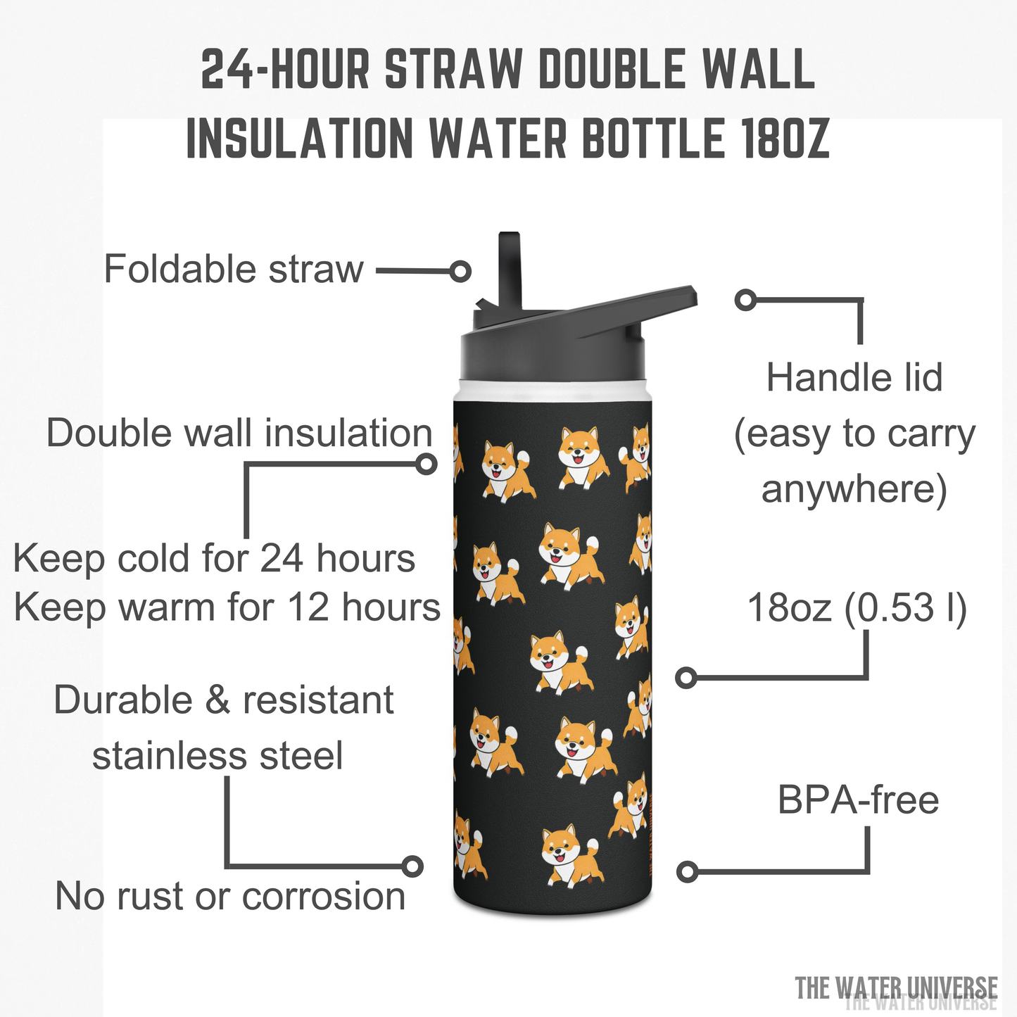 24-HOUR STRAW DOUBLE WALL INSULATION WATER BOTTLE 18oz - DOGS UNIVERSE