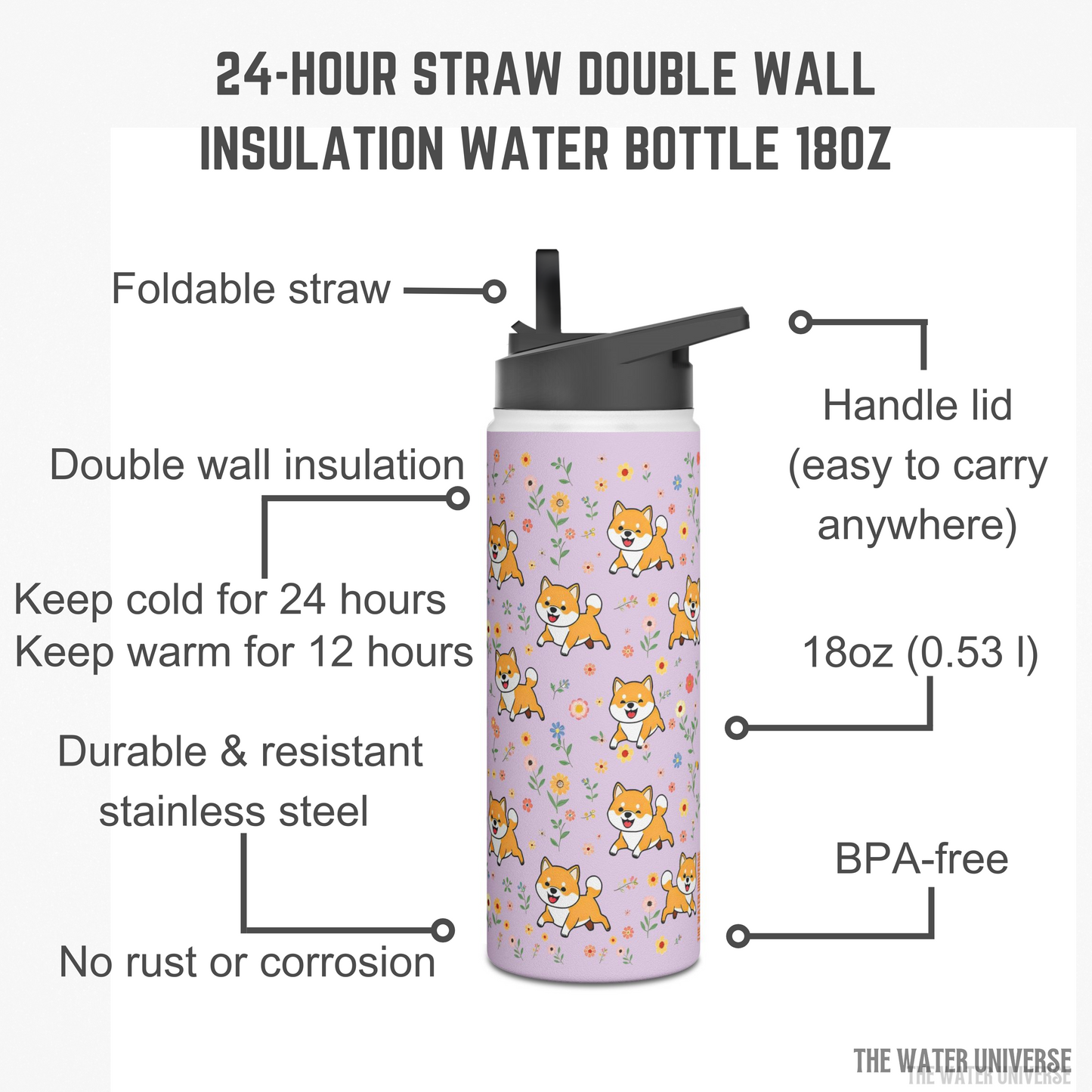 24-HOUR STRAW DOUBLE WALL INSULATION WATER BOTTLE 18oz - DOGS IN VIOLET GARDEN