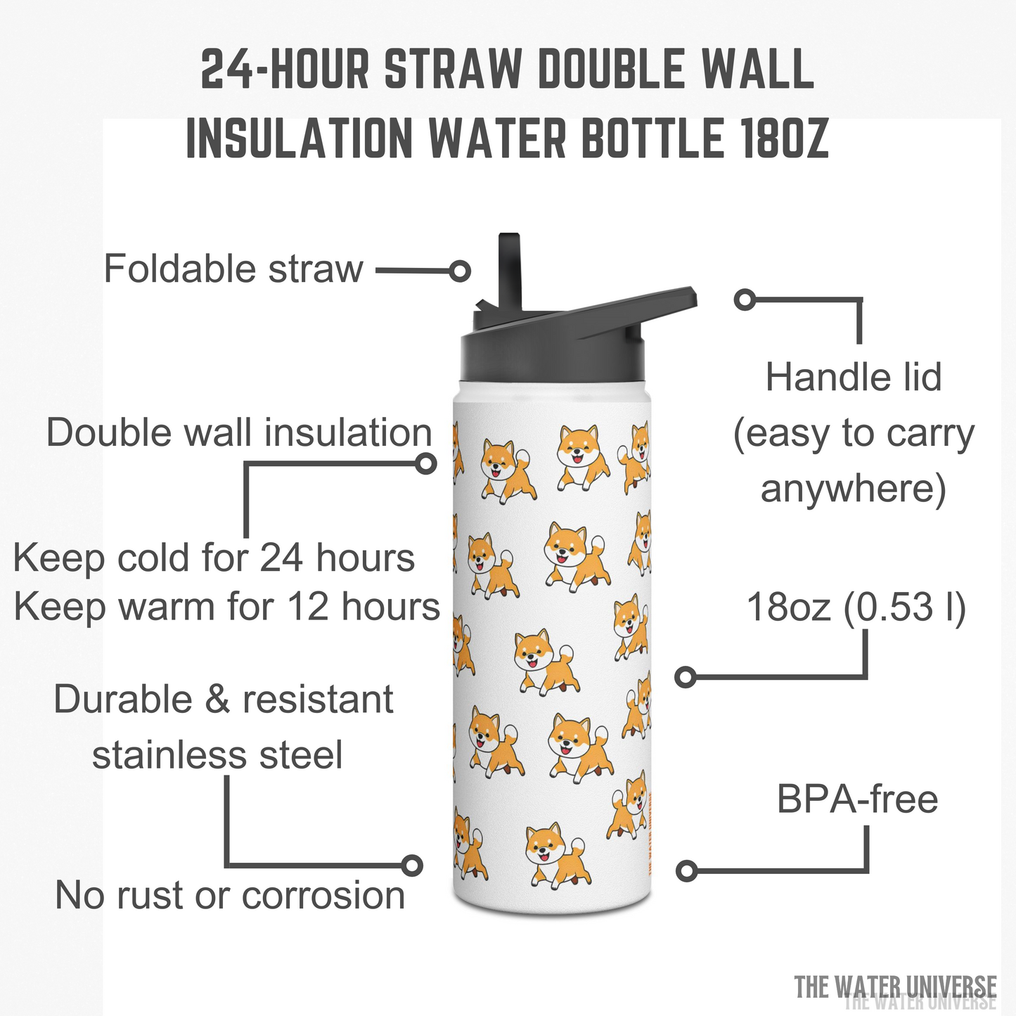 24-HOUR STRAW DOUBLE WALL INSULATION WATER BOTTLE 18oz - SMILE DOGS UNIVERSE